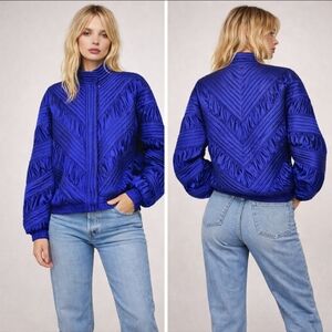 One of a Kind Bespoke Thai Silk Quilted Jacket Blue Sz 12 Jewel Tone Bomber